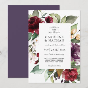 Invitation Romantique Bourgogne rouge et Mariage floral prune