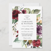 Invitation Romantique Bourgogne rouge et Mariage floral prune (Devant)