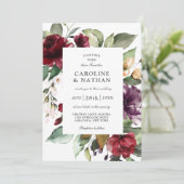 Invitation Romantique Bourgogne rouge et Mariage floral prune (Debout devant)