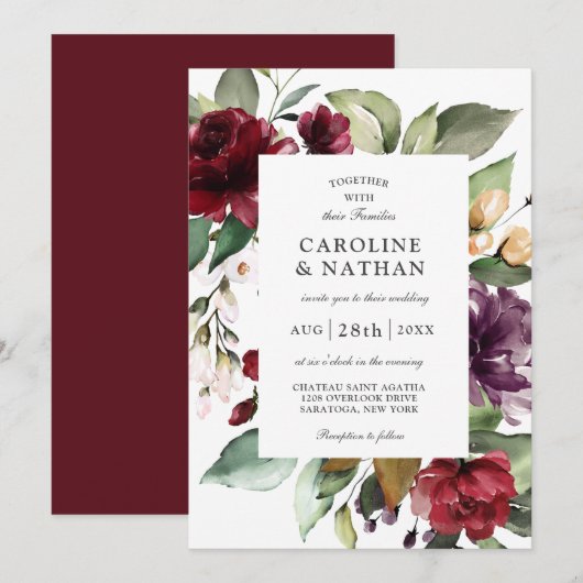 Invitation Romantique Bourgogne rouge et Mariage floral prune (Devant / Derrière)