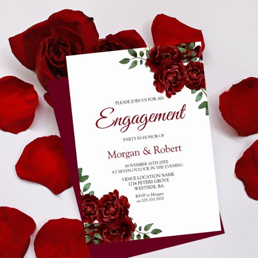 Invitation Romantique Bourgogne Rouge Rose Engagement Invitat