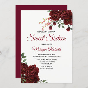 Invitation Romantique Bourgogne Rouge Rose Floral Sweet 16 In