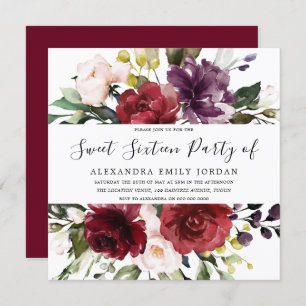 Invitation Romantique Bourgogne Rouge Rose Sweet 16 Party