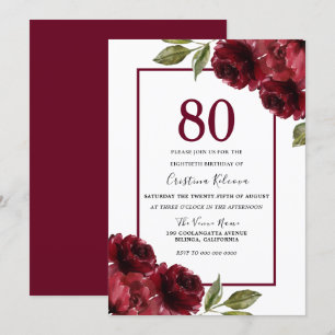 Invitation Romantique Bourgogne Rouge Roses 80e fête d'annive