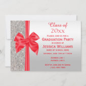 Invitation Romantique Bow en soie rouge, Séquins d'argent Gra (Devant)