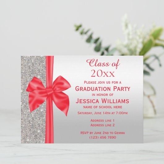 Invitation Romantique Bow en soie rouge, Séquins d'argent Gra (Debout devant)