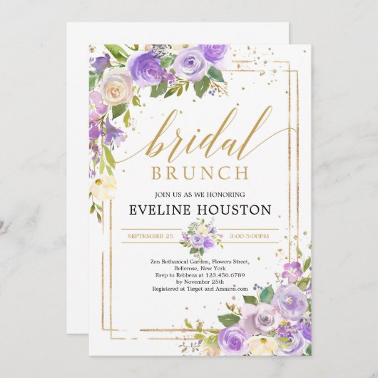 Invitation Romantique cadre fleuri violet or cadre brunch nup (Devant / Derrière)