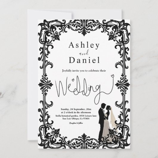 Invitation Romantique Chic Noir et Blanc Classique Mariage (Devant)