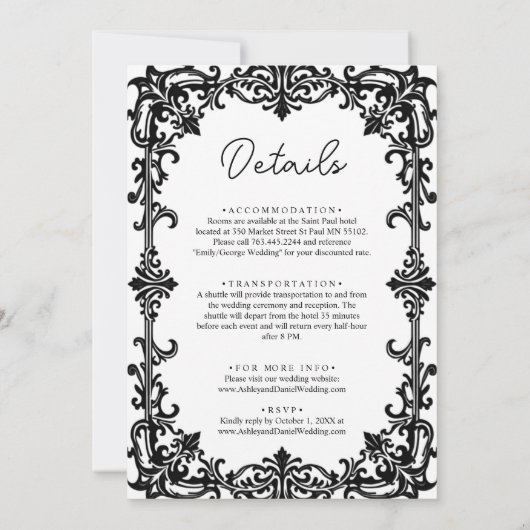 Invitation Romantique Chic Noir et Blanc Classique Mariage (Dos)