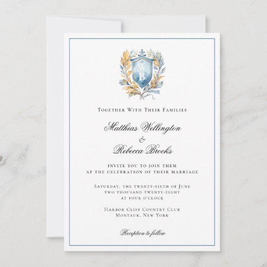 Invitation Romantique Classic Cimier Bleu Mariage Monogramme (Devant)