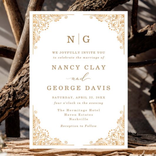 Invitation Romantique classique Monogramme or Ornate Mariage