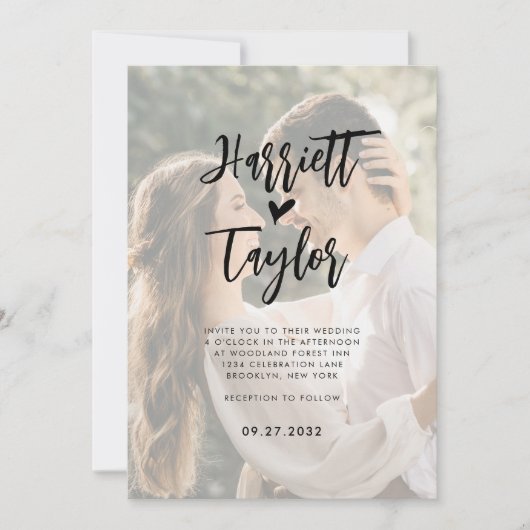 Invitation Romantique Coeur Script 2 Photo QR Code Mariage (Devant)