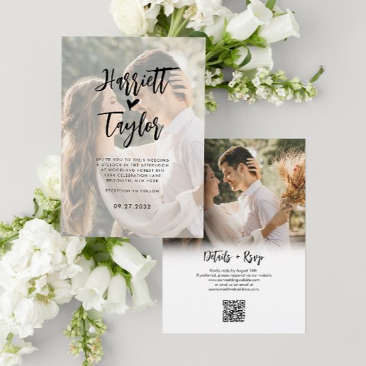 Invitation Romantique Coeur Script 2 Photo QR Code Mariage