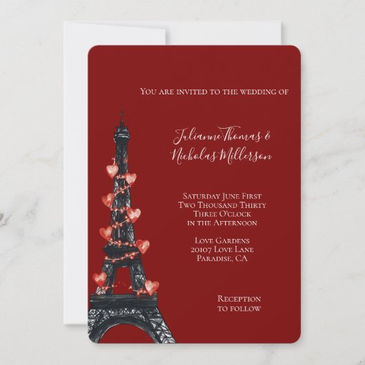 Invitation Romantique Coeurs rouges Mariage Tour Eiffel (Devant)