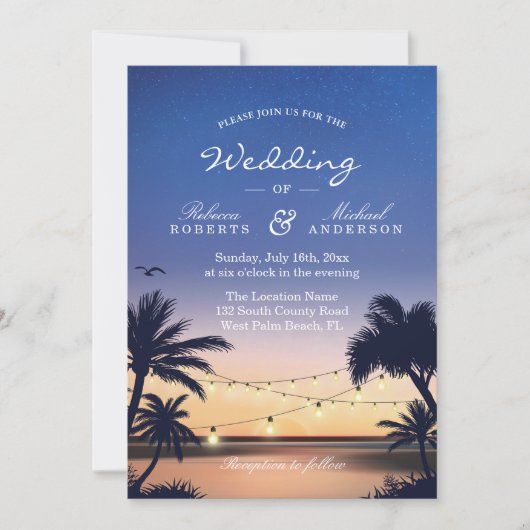Invitation Romantique coucher de soleil Palm Beach String Mar (Devant)
