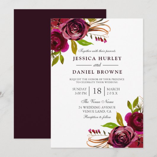 Invitation Romantique Deep Burgundy Rouge Rose Mariage (Devant / Derrière)