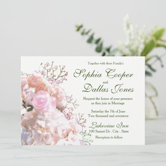 Invitation Romantique dentelle blanche hydrangée roses rose M (Debout devant)