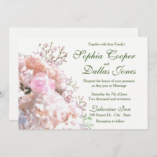 Invitation Romantique dentelle blanche hydrangée roses rose M (Devant / Derrière)