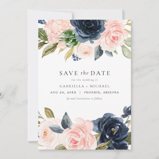 Invitation Romantique & douce Marine Blush Floral Enregistrer (Devant)