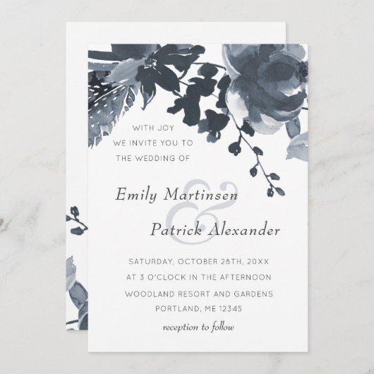 Invitation Romantique Dusty Blue Floral Mariage (Devant / Derrière)