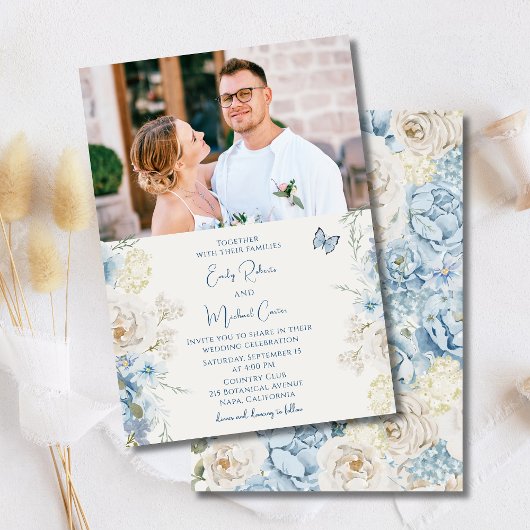 Invitation Romantique Dusty Blue Floral Mariage photo