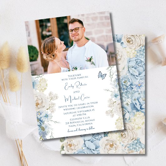 Invitation Romantique Dusty Blue Floral Mariage photo