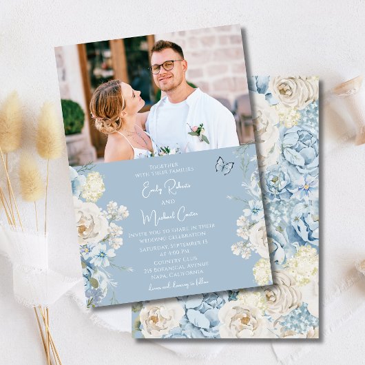 Invitation Romantique Dusty Blue Floral Mariage photo