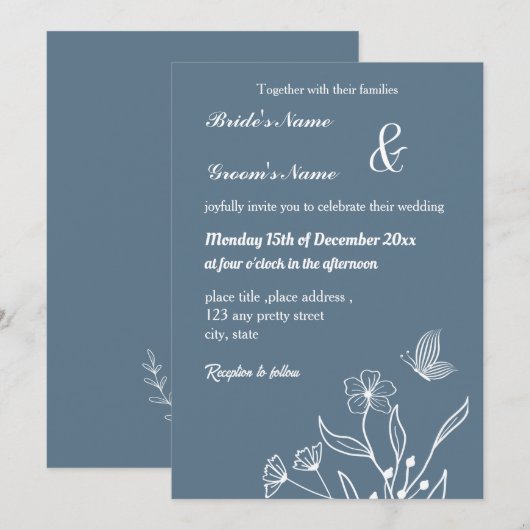 Invitation Romantique élégant bleu foncé mariage (Devant / Derrière)