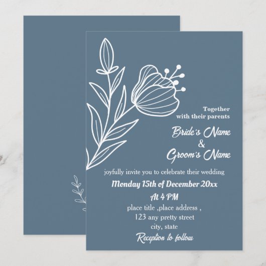 Invitation Romantique élégant bleu foncé mariage (Devant / Derrière)