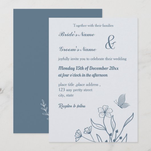 Invitation Romantique élégant bleu foncé mariage (Devant / Derrière)