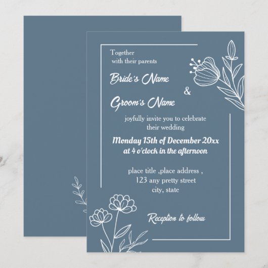 Invitation Romantique élégant bleu foncé mariage (Devant / Derrière)