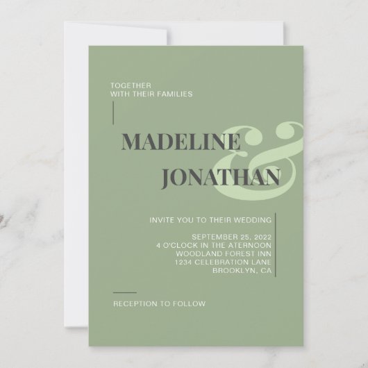 Invitation Romantique Élégant Mariage vert Sage (Devant)