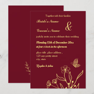 Invitation Romantique élégant papillons d'or bordeaux