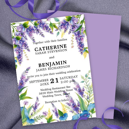 Invitation Romantique Elegant violet et bleu Mariage Wisteria