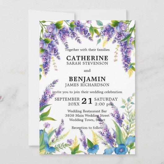 Invitation Romantique Elegant violet et bleu Mariage Wisteria (Devant)