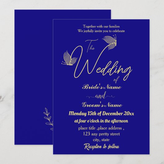Invitation Romantique élégante fleur d'or bleu royal (Devant / Derrière)