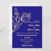 Invitation Romantique élégante fleur d'or bleu royal (Devant)