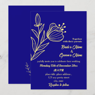 Invitation Romantique élégante fleur d'or bleu royal