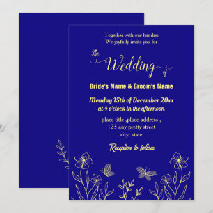 Invitation Romantique élégante fleur d'or bleu royal