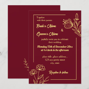 Invitation Romantique élégante fleur d'or bordeaux