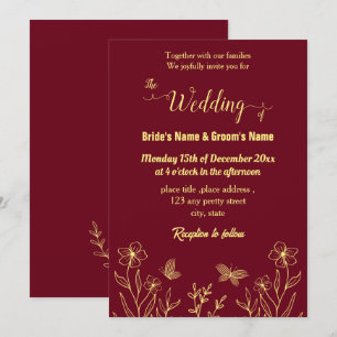 Invitation Romantique élégante fleur d'or bordeaux