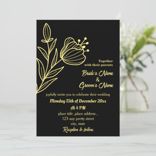 Invitation Romantique élégante fleur d'or noir (Debout devant)