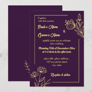 Invitation Romantique élégante fleur d'or violet