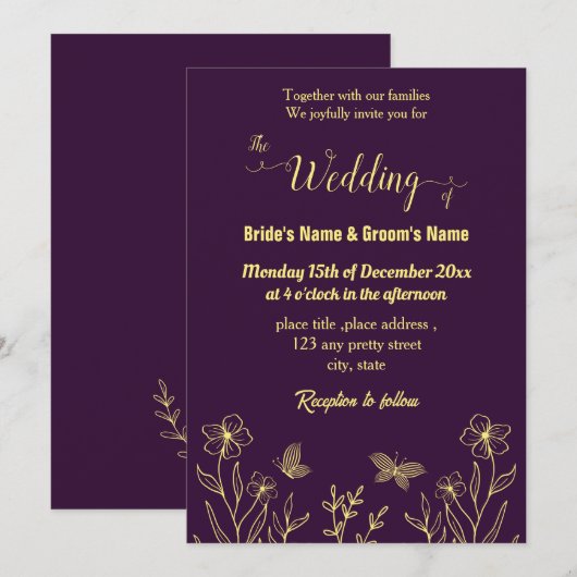 Invitation Romantique élégante fleur d'or violet (Devant / Derrière)