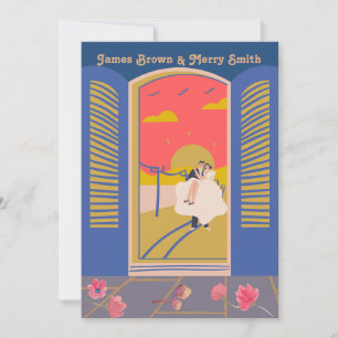 Invitation Romantique Fenêtre Couple dans Love Fleurs Mariage