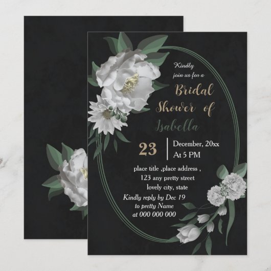 Invitation romantique fleurs blanches noir douche nuptiale (Devant / Derrière)