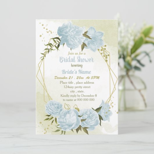 Invitation romantique fleurs bleues douche géométrique nuptia (Debout devant)