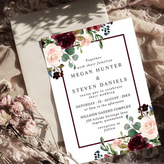 Invitation Romantique Fleurs de vin rouge Élégant mariage