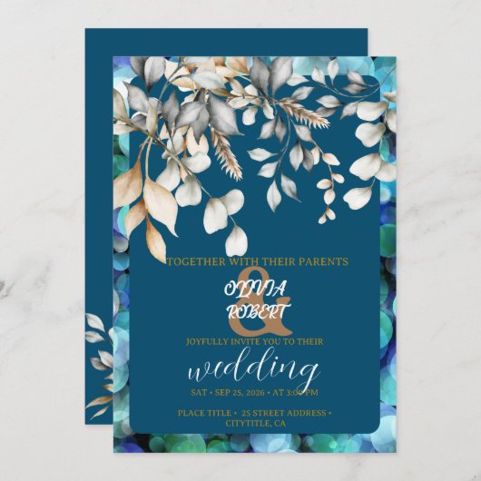 Invitation Romantique fleurs florales blanches et bleues douc (Devant / Derrière)