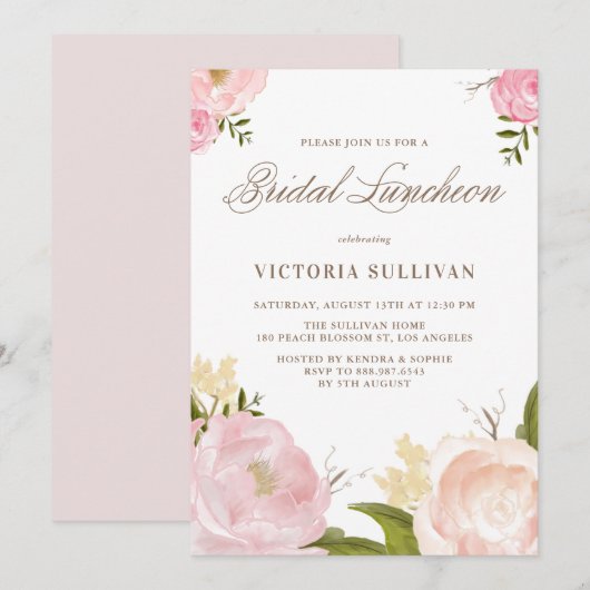 Invitation Romantique Fleurs Roses Roses Roses Déjeuner nupti (Devant / Derrière)